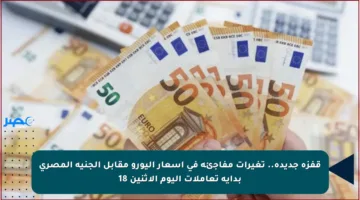 قفزة جديدة.. تغيرات مفاجئة في أسعار اليورو مقابل الجنيه المصري بداية تعاملات اليوم الإثنين 18